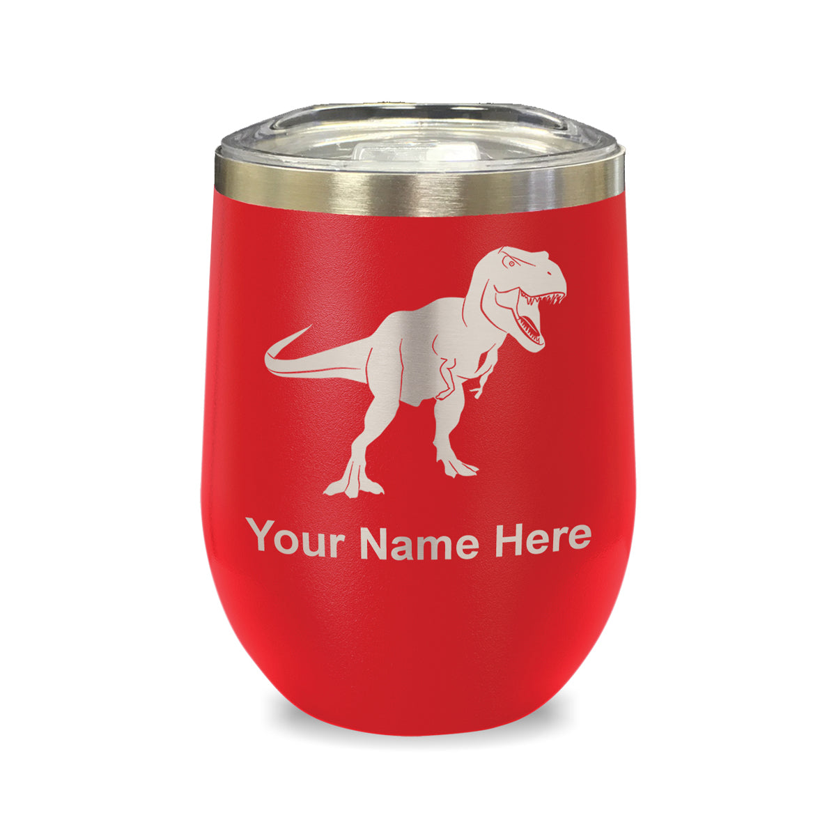LaserGram Double Wall Stainless Steel Wine Glass, Tyrannosaurus Rex Dinosaur, Personalized Engraving Included