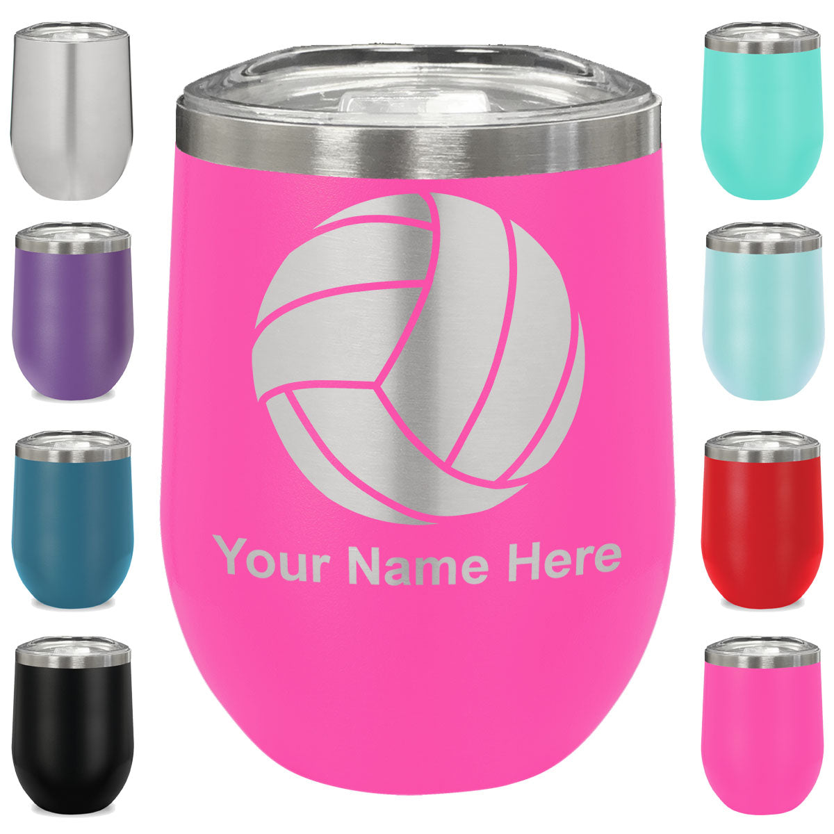 LaserGram Double Wall Stainless Steel Wine Glass, Volleyball Ball, Personalized Engraving Included