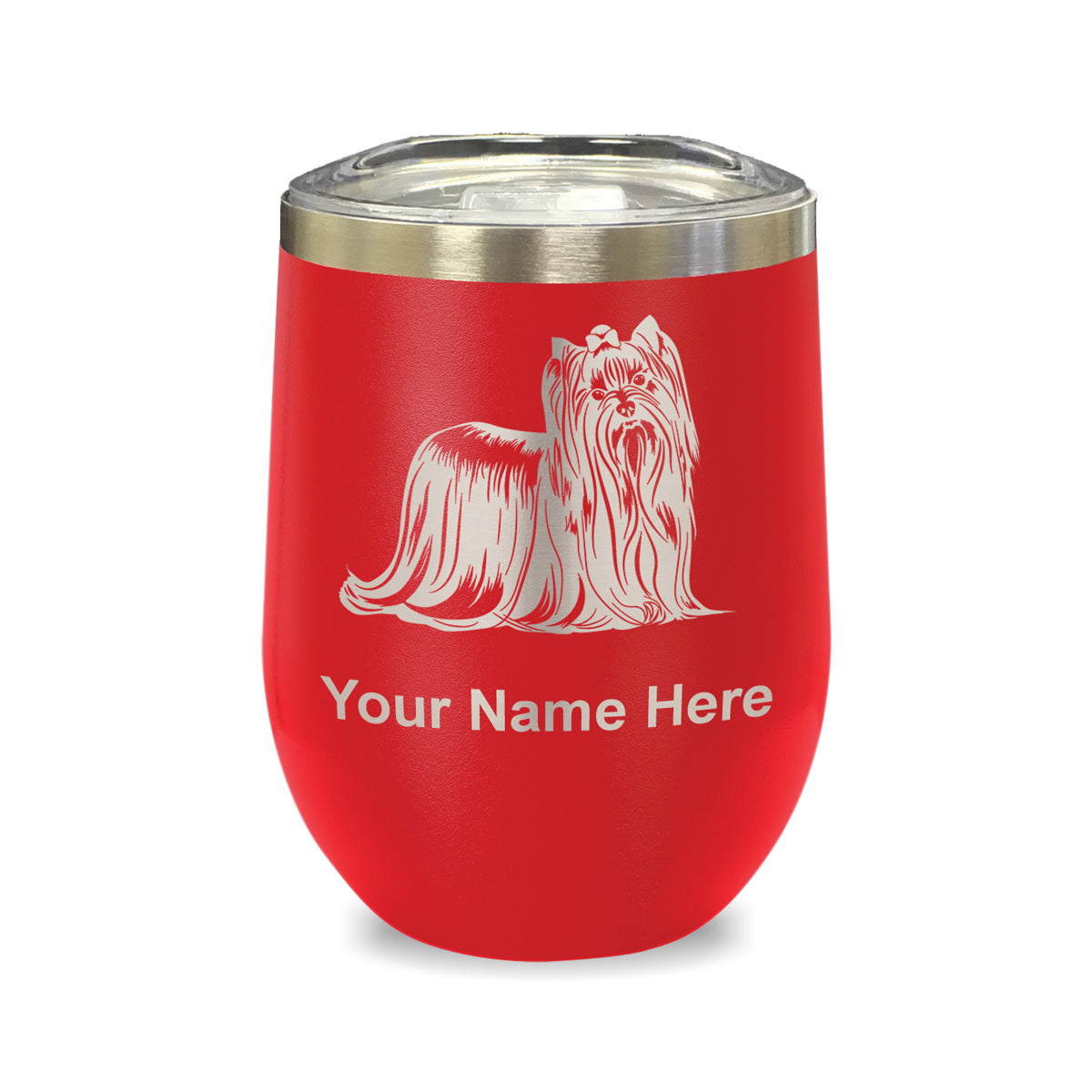 LaserGram Double Wall Stainless Steel Wine Glass, Yorkshire Terrier Dog, Personalized Engraving Included