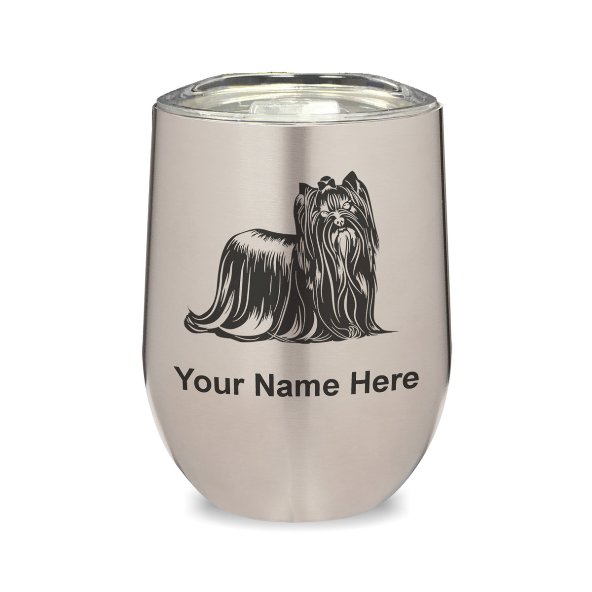 LaserGram Double Wall Stainless Steel Wine Glass, Yorkshire Terrier Dog, Personalized Engraving Included