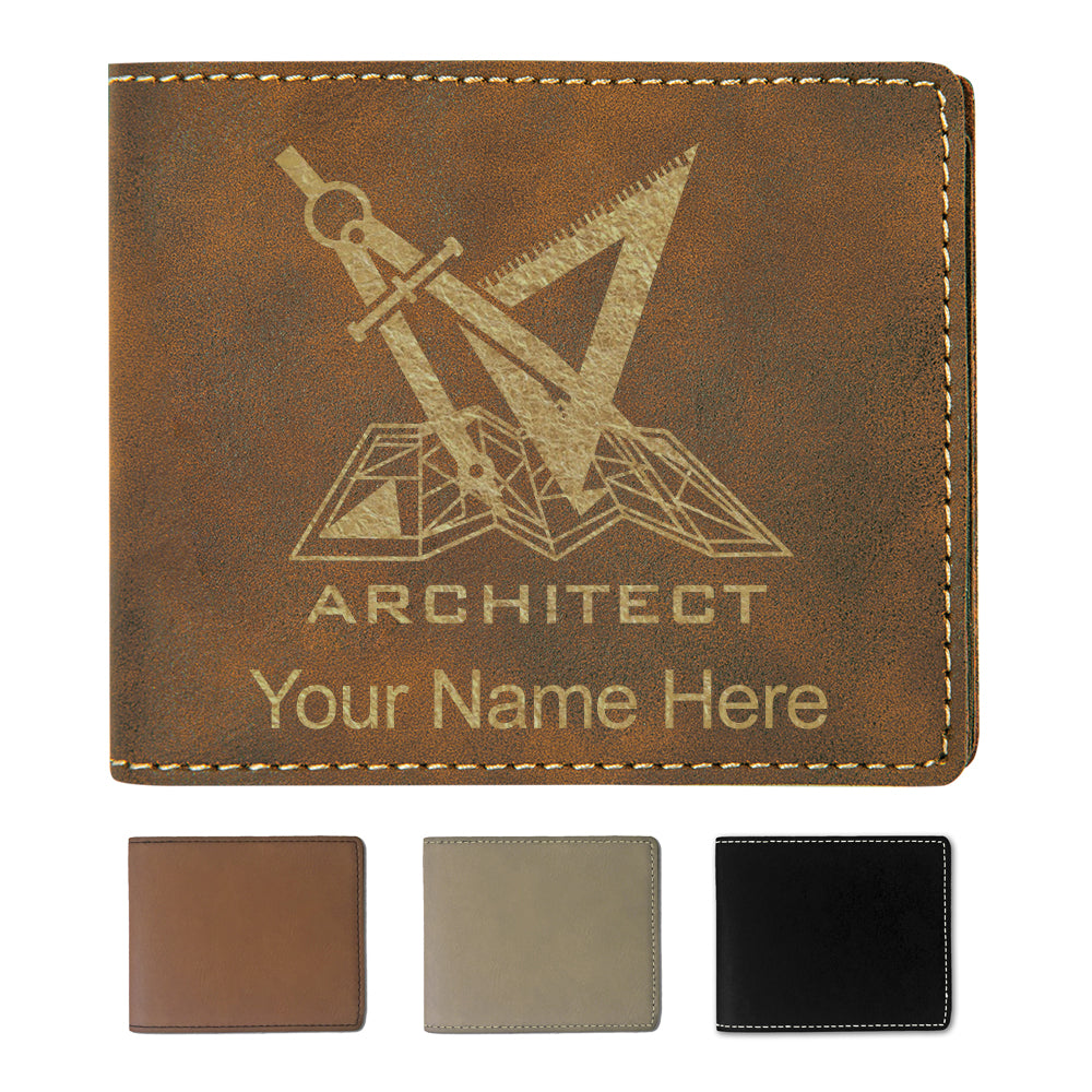 Faux Leather Bi-Fold Wallet, Architect Symbol, Personalized Engraving Included