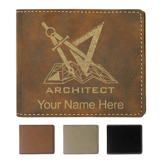 Faux Leather Bi-Fold Wallet, Architect Symbol, Personalized Engraving Included