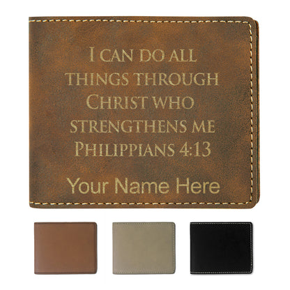 Faux Leather Bi-Fold Wallet, Bible Verse Philippians 4-13, Personalized Engraving Included