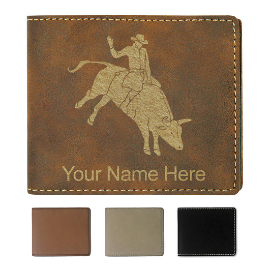 Faux Leather Bi-Fold Wallet, Bull Rider Cowboy, Personalized Engraving Included