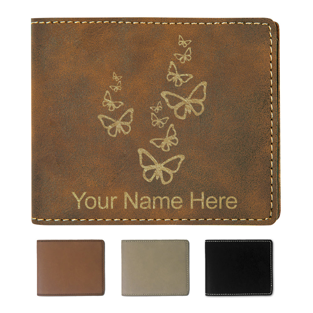 Faux Leather Bi-Fold Wallet, Butterflies, Personalized Engraving Included
