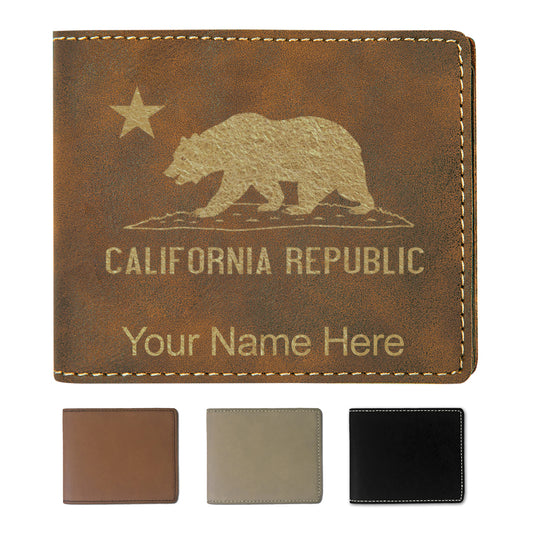 Faux Leather Bi-Fold Wallet, California Republic Bear Flag, Personalized Engraving Included