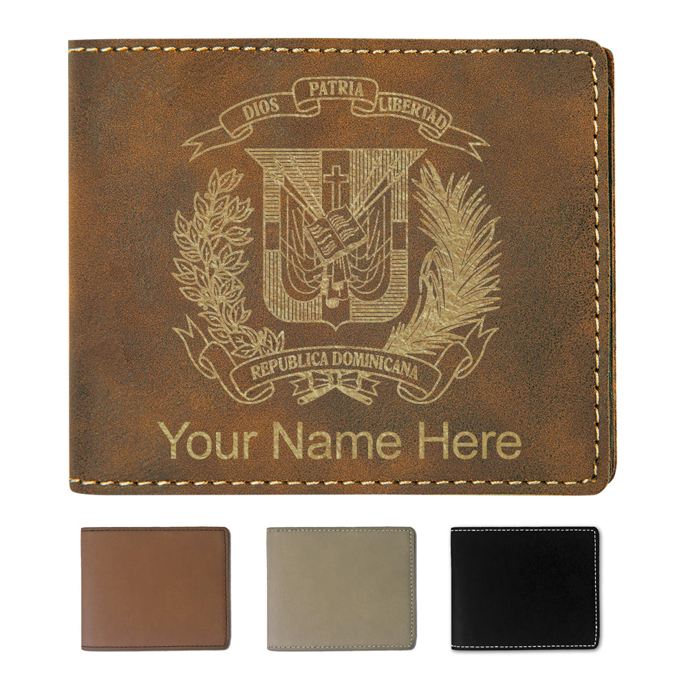 Faux Leather Bi-Fold Wallet, Coat of Arms Dominican Republic, Personalized Engraving Included