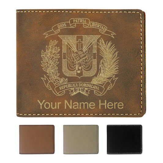 Faux Leather Bi-Fold Wallet, Coat of Arms Dominican Republic, Personalized Engraving Included