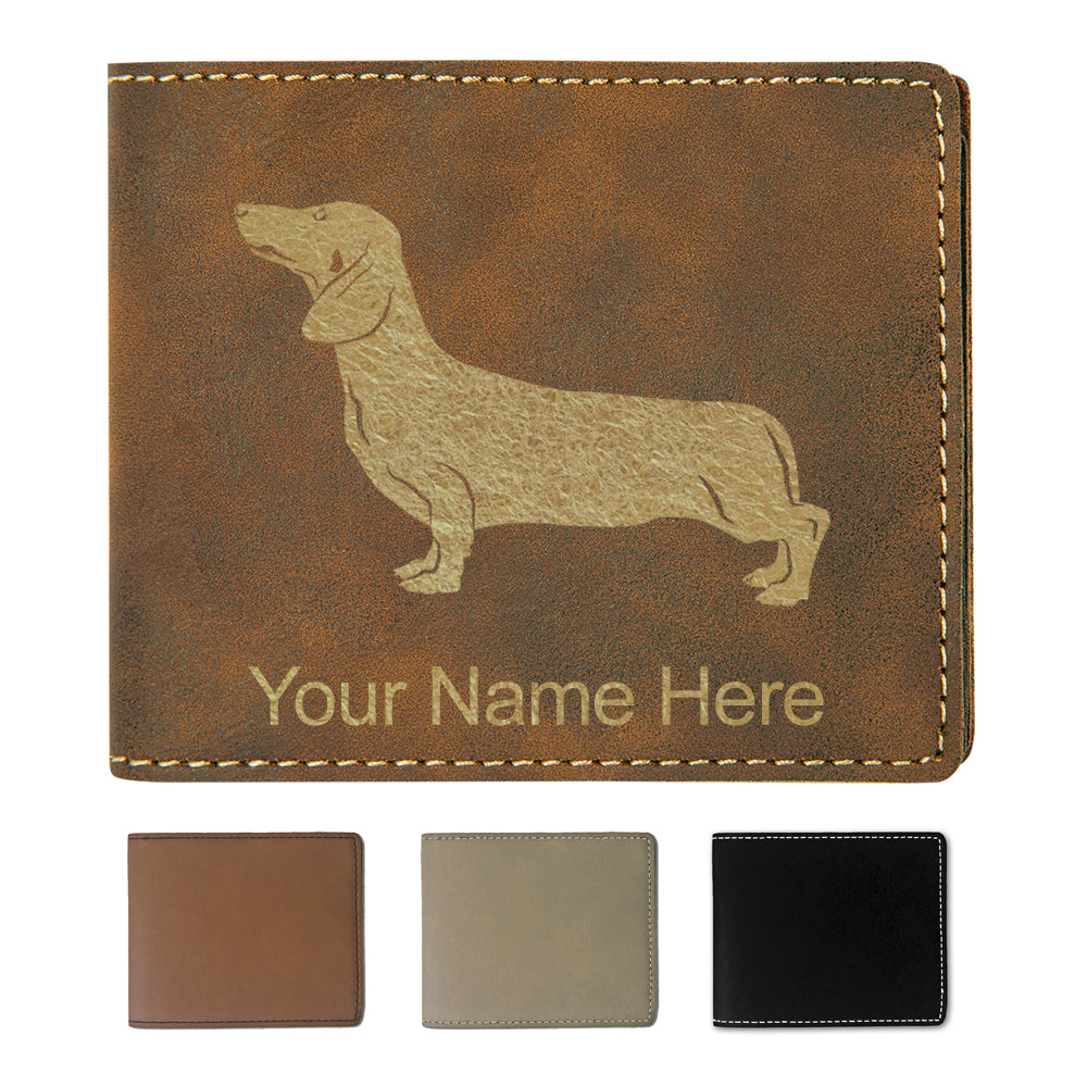 Faux Leather Bi-Fold Wallet, Dachshund Dog, Personalized Engraving Included