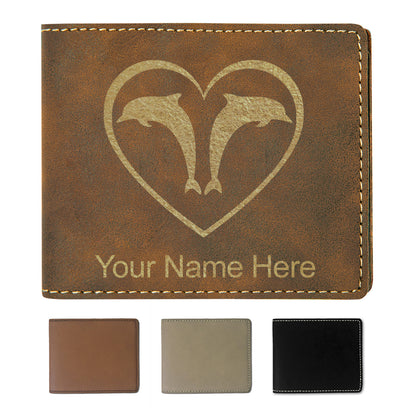 Faux Leather Bi-Fold Wallet, Dolphin Heart, Personalized Engraving Included