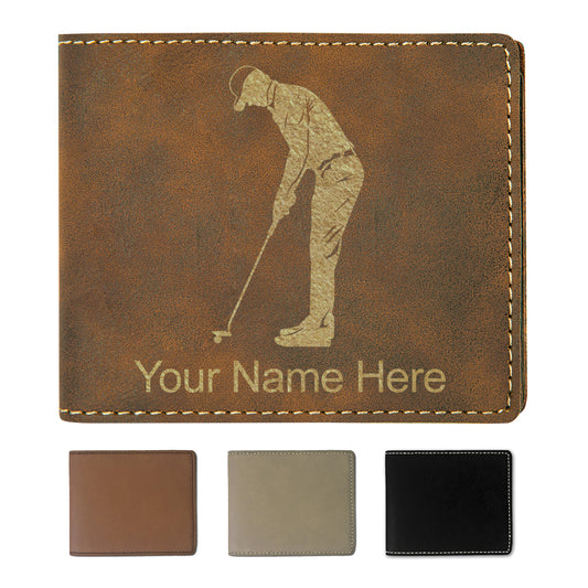 Faux Leather Bi-Fold Wallet, Golfer Putting, Personalized Engraving Included