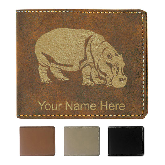 Faux Leather Bi-Fold Wallet, Hippopotamus, Personalized Engraving Included