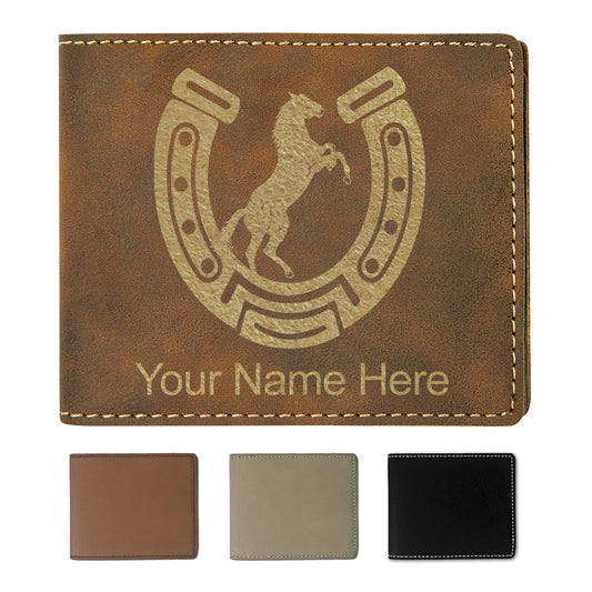 Faux Leather Bi-Fold Wallet, Horseshoe with Horse, Personalized Engraving Included