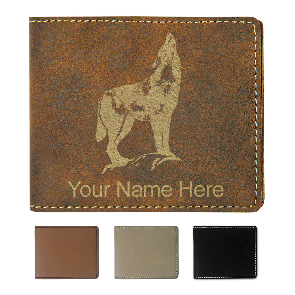 Faux Leather Bi-Fold Wallet, Howling Wolf, Personalized Engraving Included