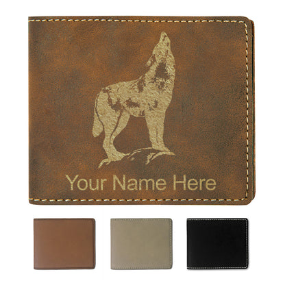 Faux Leather Bi-Fold Wallet, Howling Wolf, Personalized Engraving Included