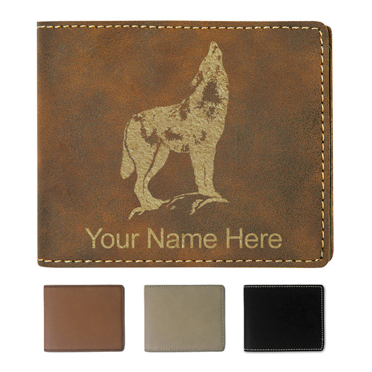 Faux Leather Bi-Fold Wallet, Howling Wolf, Personalized Engraving Included