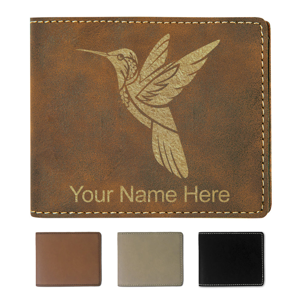 Faux Leather Bi-Fold Wallet, Hummingbird, Personalized Engraving Included