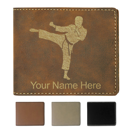 Faux Leather Bi-Fold Wallet, Karate Man, Personalized Engraving Included