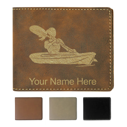 Faux Leather Bi-Fold Wallet, Kayak Woman, Personalized Engraving Included