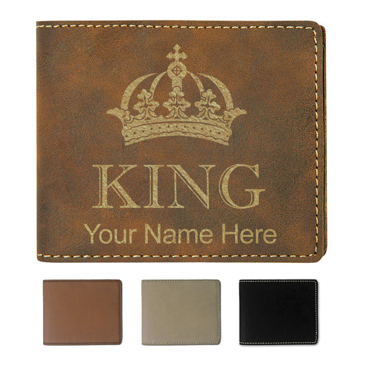 Faux Leather Bi-Fold Wallet, King Crown, Personalized Engraving Included