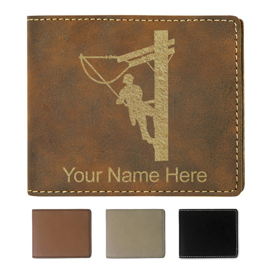 Faux Leather Bi-Fold Wallet, Lineman, Personalized Engraving Included