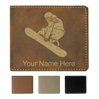Faux Leather Bi-Fold Wallet, Snowboarder Man, Personalized Engraving Included
