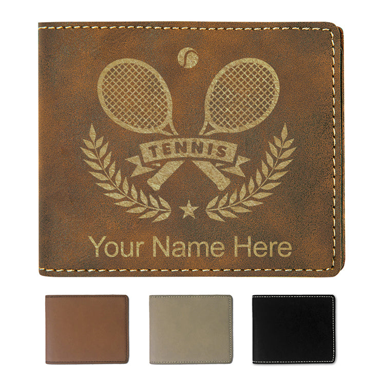 Faux Leather Bi-Fold Wallet, Tennis Rackets, Personalized Engraving Included