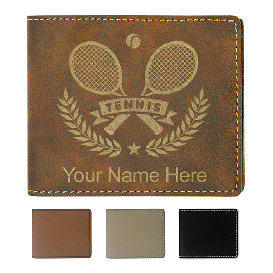 Faux Leather Bi-Fold Wallet, Tennis Rackets, Personalized Engraving Included