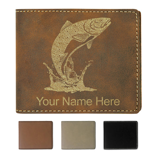 Faux Leather Bi-Fold Wallet, Trout Fish, Personalized Engraving Included