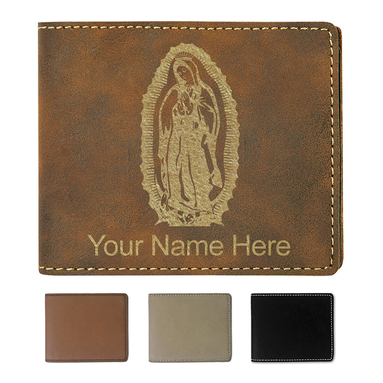 Faux Leather Bi-Fold Wallet, Virgen de Guadalupe, Personalized Engraving Included
