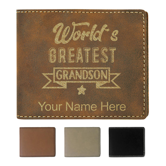 Faux Leather Bi-Fold Wallet, World's Greatest Grandson, Personalized Engraving Included