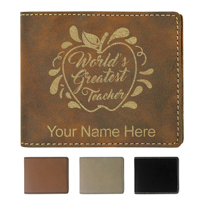Faux Leather Bi-Fold Wallet, World's Greatest Teacher, Personalized Engraving Included