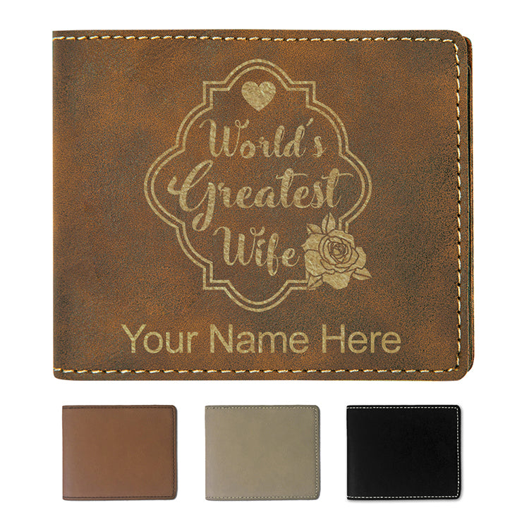 Faux Leather Bi-Fold Wallet, World's Greatest Wife, Personalized Engraving Included