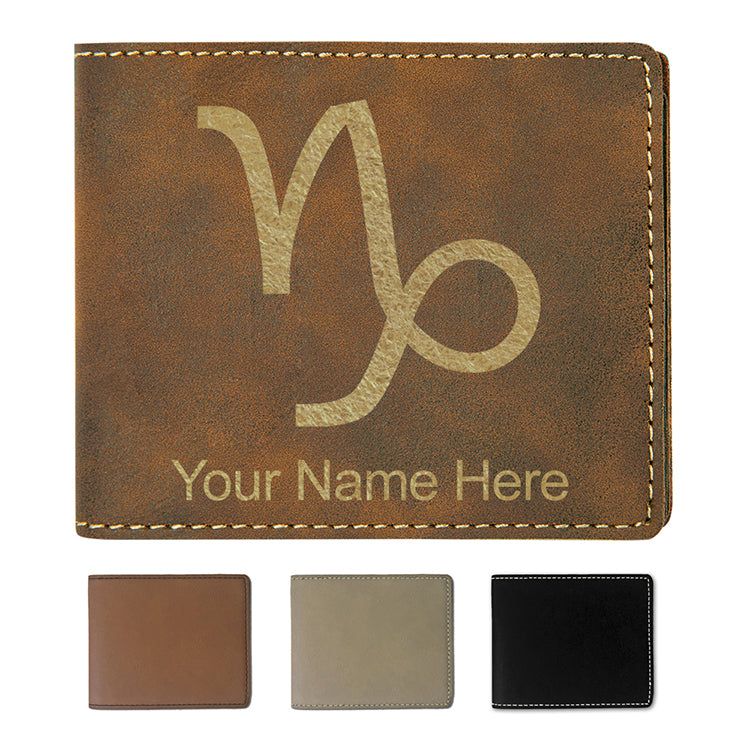 Faux Leather Bi-Fold Wallet, Zodiac Sign Capricorn, Personalized Engraving Included