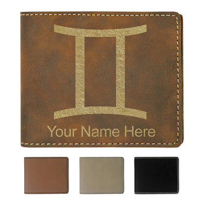 Faux Leather Bi-Fold Wallet, Zodiac Sign Gemini, Personalized Engraving Included
