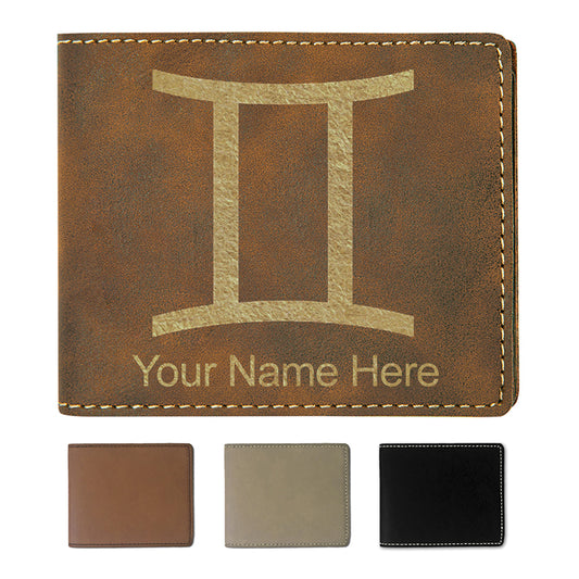 Faux Leather Bi-Fold Wallet, Zodiac Sign Gemini, Personalized Engraving Included