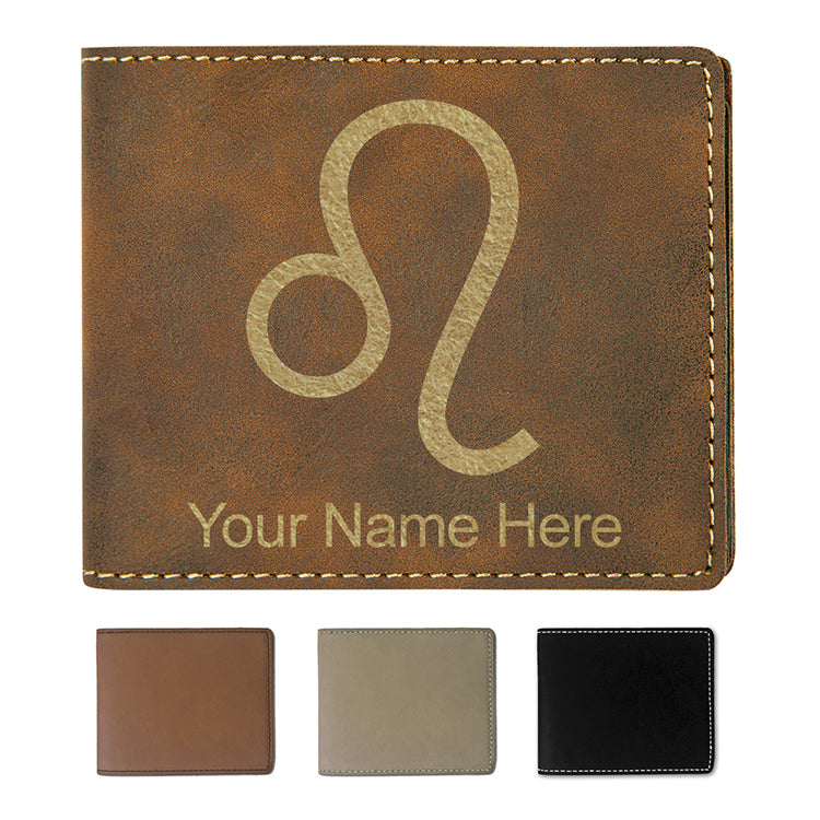 Faux Leather Bi-Fold Wallet, Zodiac Sign Leo, Personalized Engraving Included
