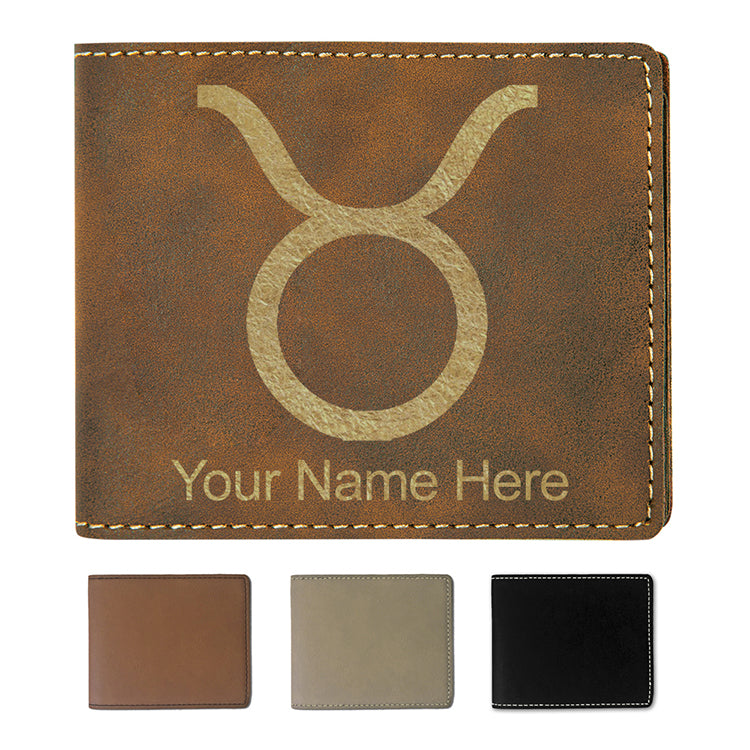Faux Leather Bi-Fold Wallet, Zodiac Sign Taurus, Personalized Engraving Included