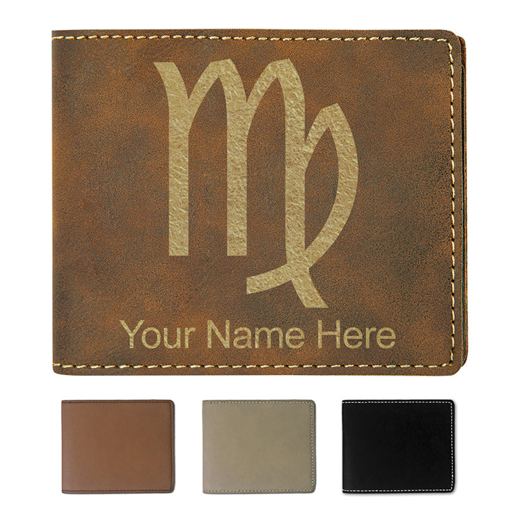 Faux Leather Bi-Fold Wallet, Zodiac Sign Virgo, Personalized Engraving Included