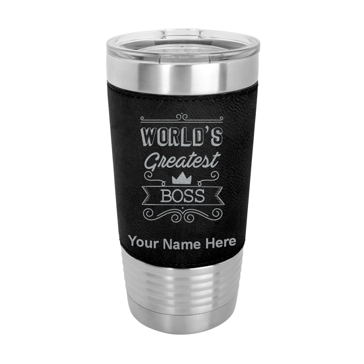 20oz Faux Leather Tumbler Mug, World's Greatest Boss, Personalized Engraving Included