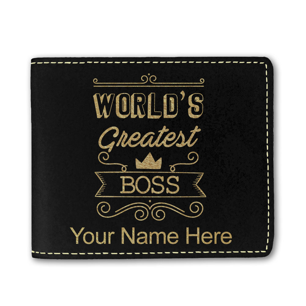 Faux Leather Bi-Fold Wallet, World's Greatest Boss, Personalized Engraving Included