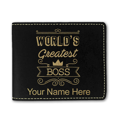Faux Leather Bi-Fold Wallet, World's Greatest Boss, Personalized Engraving Included