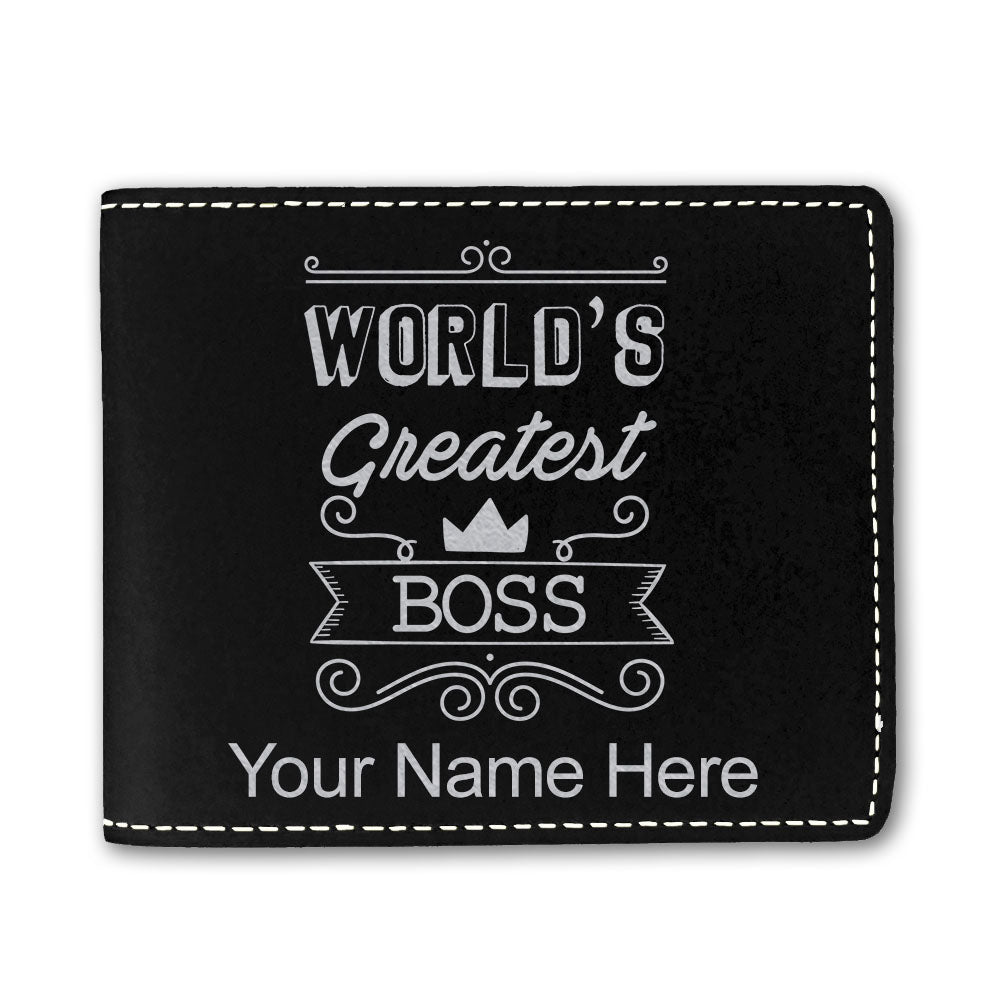 Faux Leather Bi-Fold Wallet, World's Greatest Boss, Personalized Engraving Included