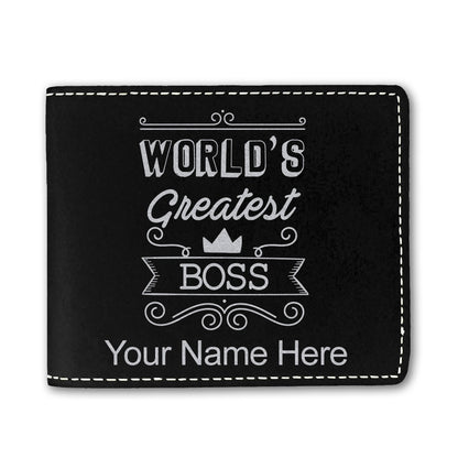 Faux Leather Bi-Fold Wallet, World's Greatest Boss, Personalized Engraving Included