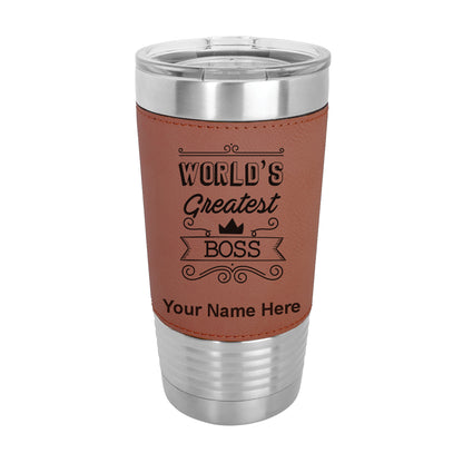 20oz Faux Leather Tumbler Mug, World's Greatest Boss, Personalized Engraving Included
