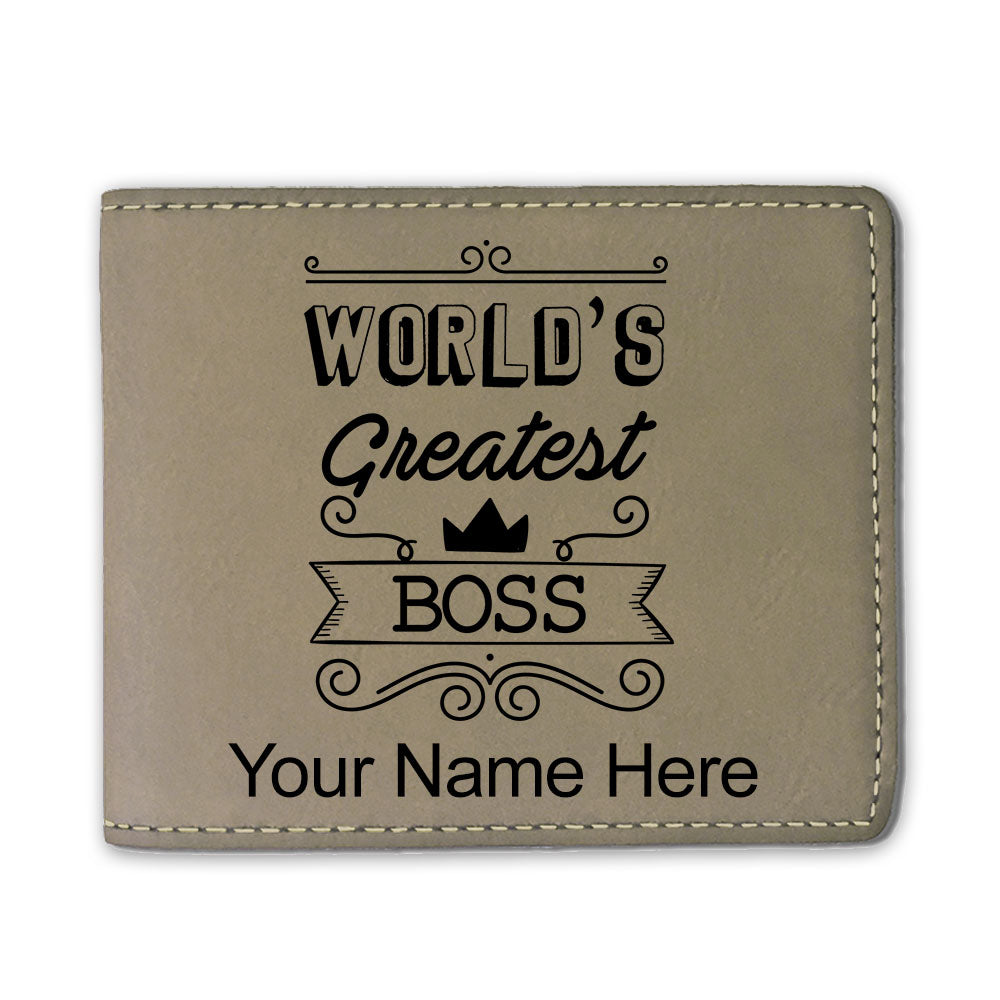Faux Leather Bi-Fold Wallet, World's Greatest Boss, Personalized Engraving Included