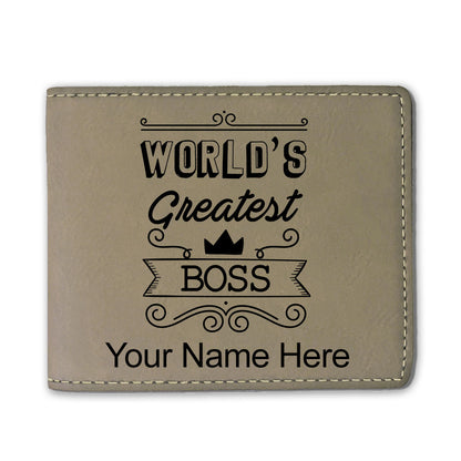 Faux Leather Bi-Fold Wallet, World's Greatest Boss, Personalized Engraving Included
