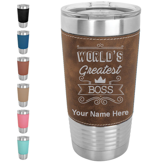 20oz Faux Leather Tumbler Mug, World's Greatest Boss, Personalized Engraving Included