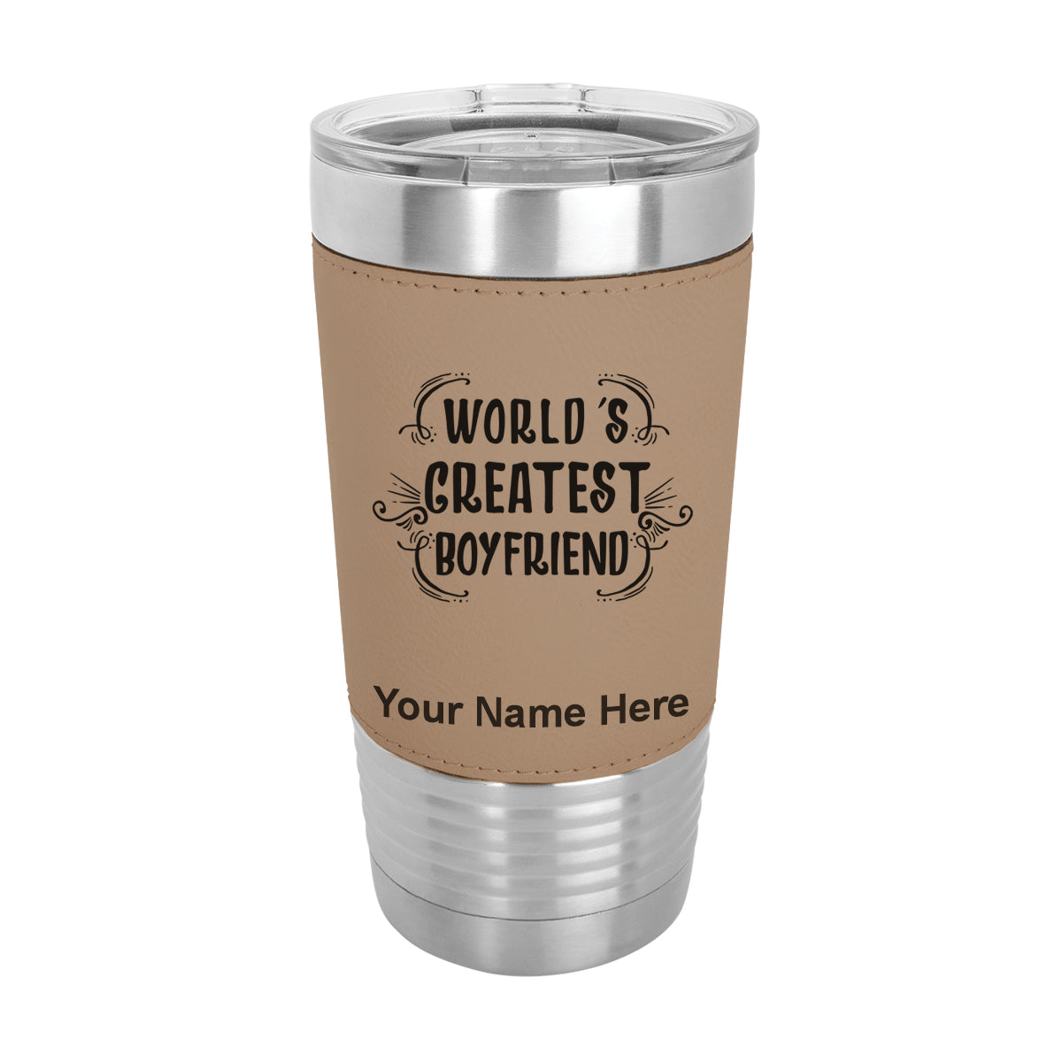 20oz Faux Leather Tumbler Mug, World's Greatest Boyfriend, Personalized Engraving Included