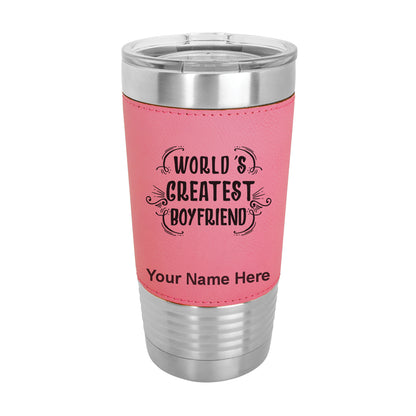 20oz Faux Leather Tumbler Mug, World's Greatest Boyfriend, Personalized Engraving Included